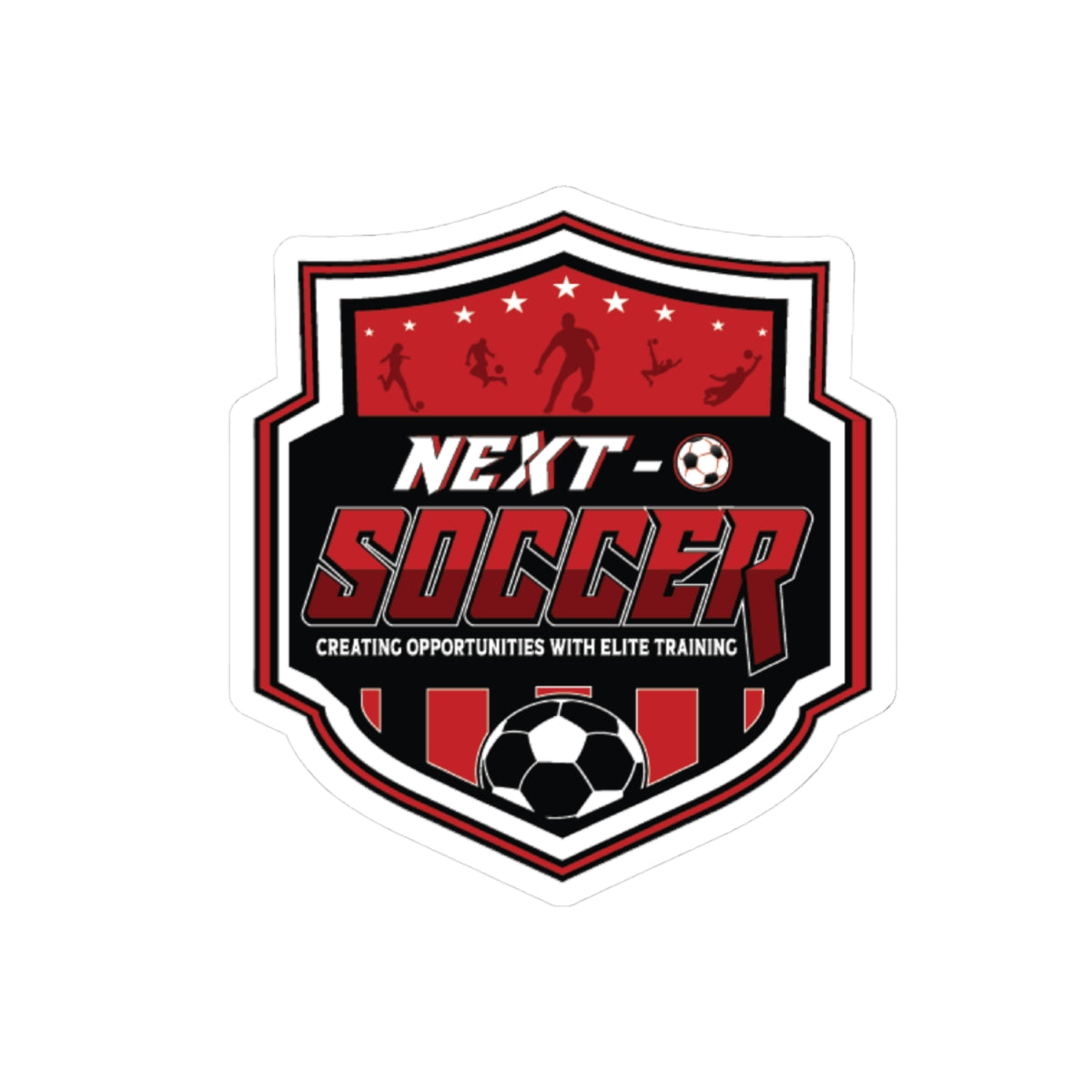 Next Soccer Shield Sticker — Red Soccer Club Logo Kiss-Cut Sticker